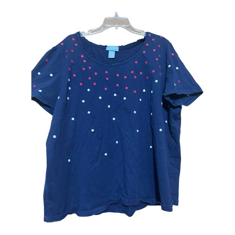 Liz & Me Dark Blue Blouse with Bright Pink Dots